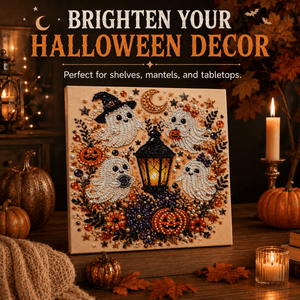 Boo Crew four ghost DIY pearl art displayed with pumpkins and lantern for Halloween