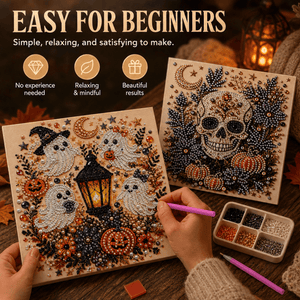 Boo Crew ghosts and jeweled skull pearl art options shown during a beginner DIY project