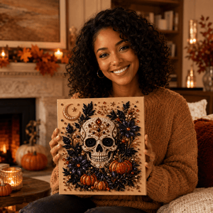 Finished jeweled skull and pumpkins pearl art held for display