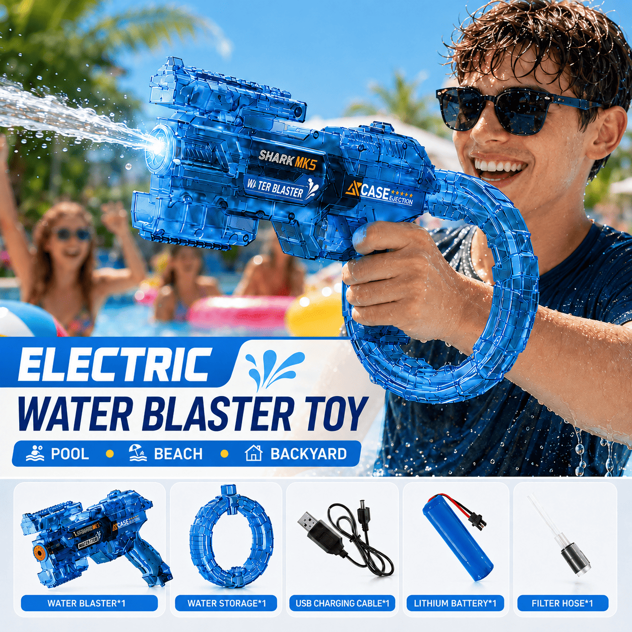 Rechargeable electric water blaster for backyard family water play