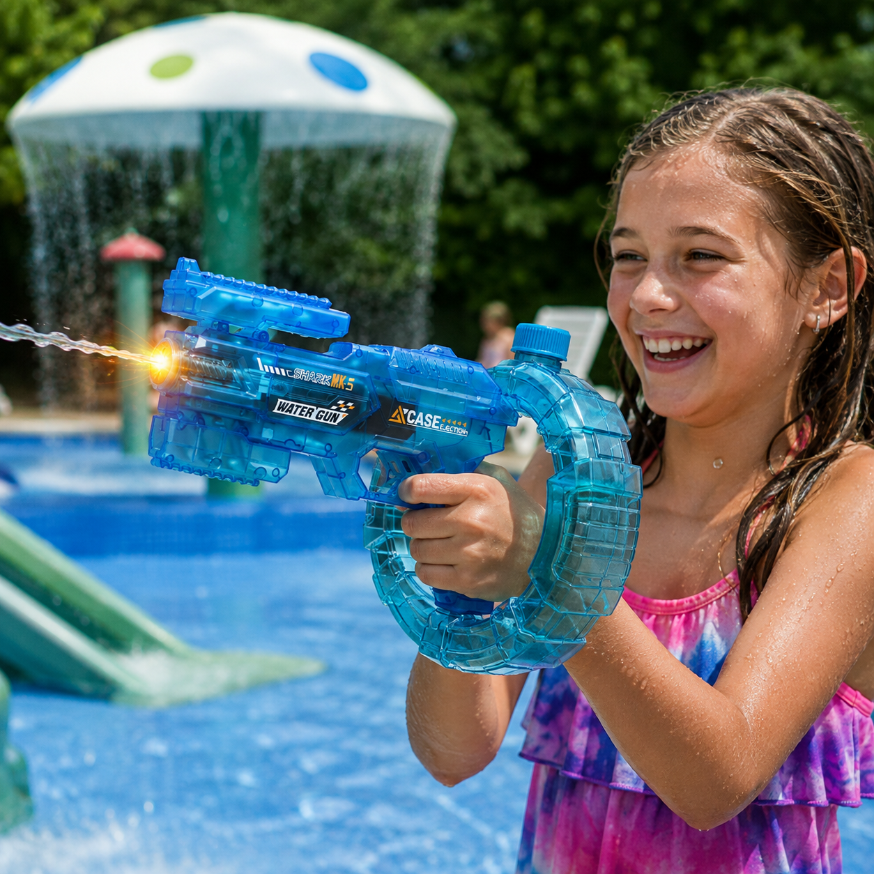 Family and friends playing with water toys during a summer backyard water battle