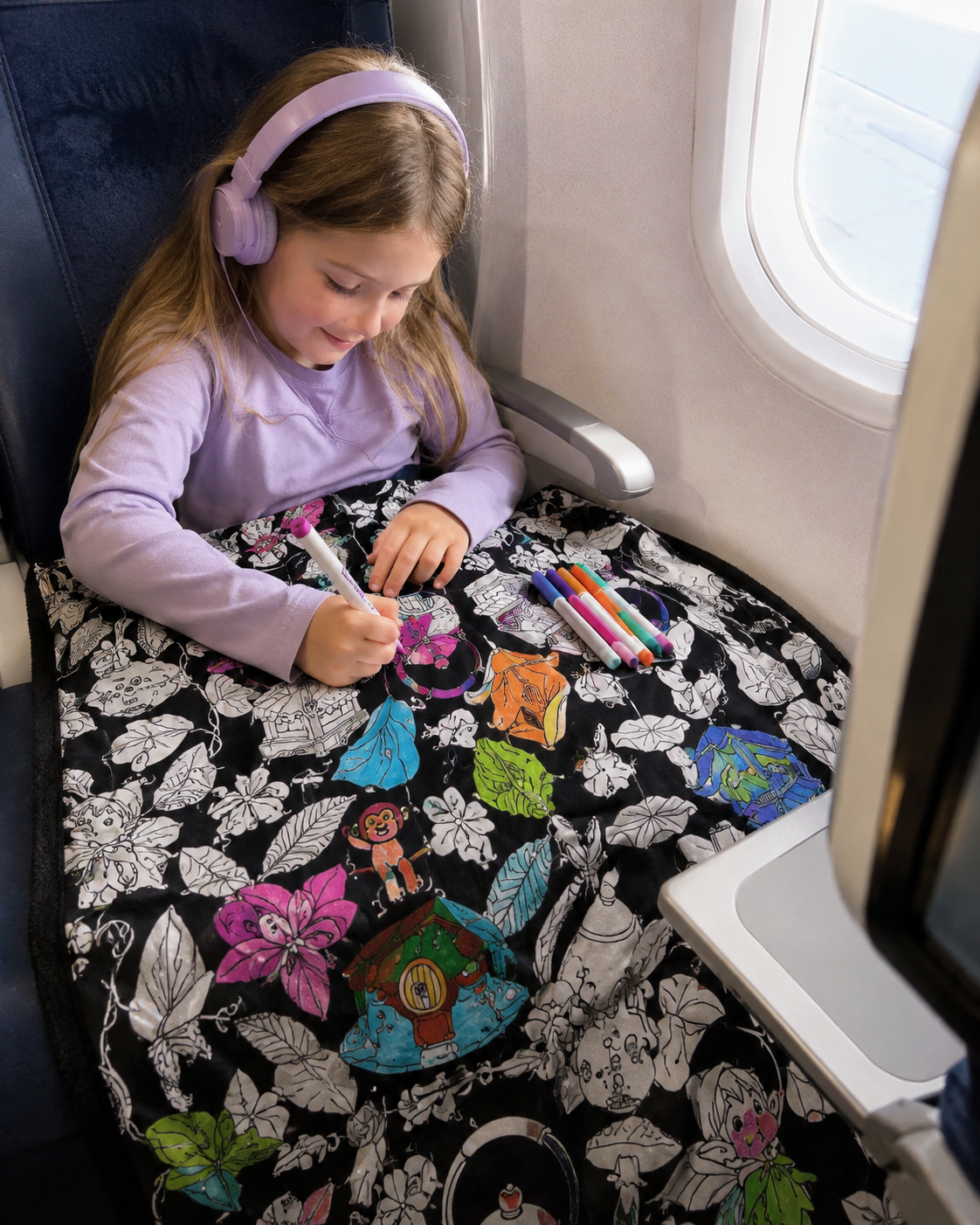 Child enjoying a quiet screen-free coloring activity during an airplane flight
