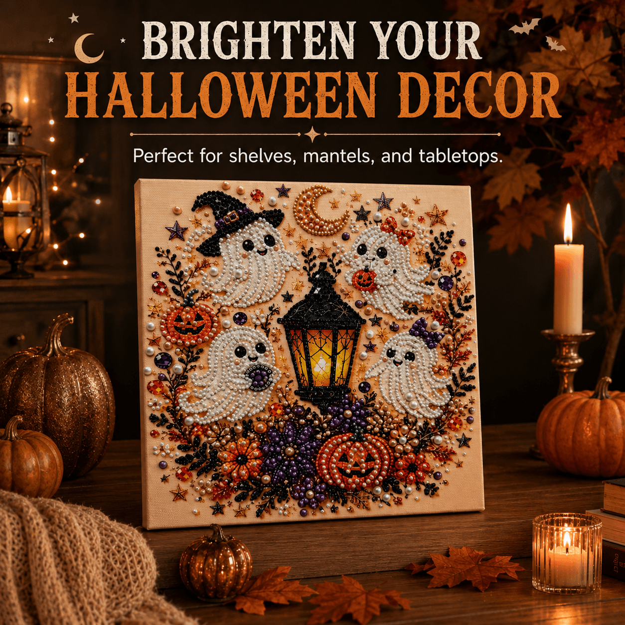 Boo Crew four ghost DIY pearl art displayed with pumpkins and lantern for Halloween