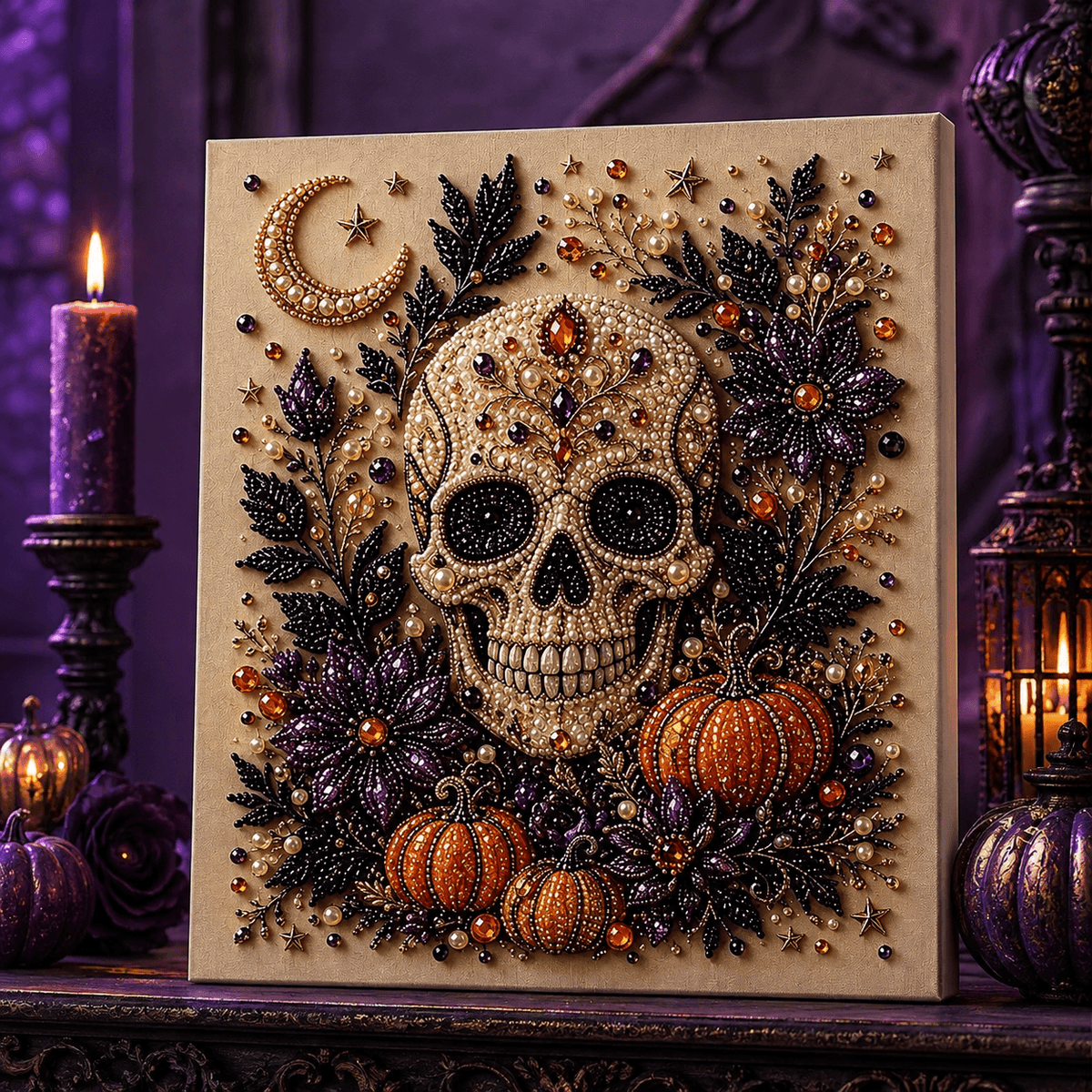 Jeweled skull and pumpkins DIY pearl art in a purple Halloween display