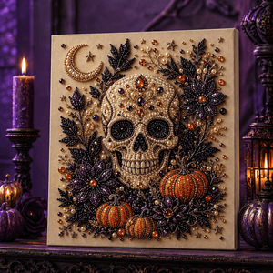 Jeweled skull and pumpkins DIY pearl art in a purple Halloween display