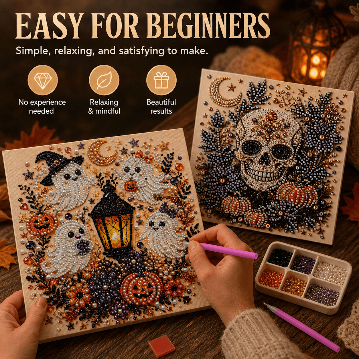 Boo Crew ghosts and jeweled skull pearl art options shown during a beginner DIY project