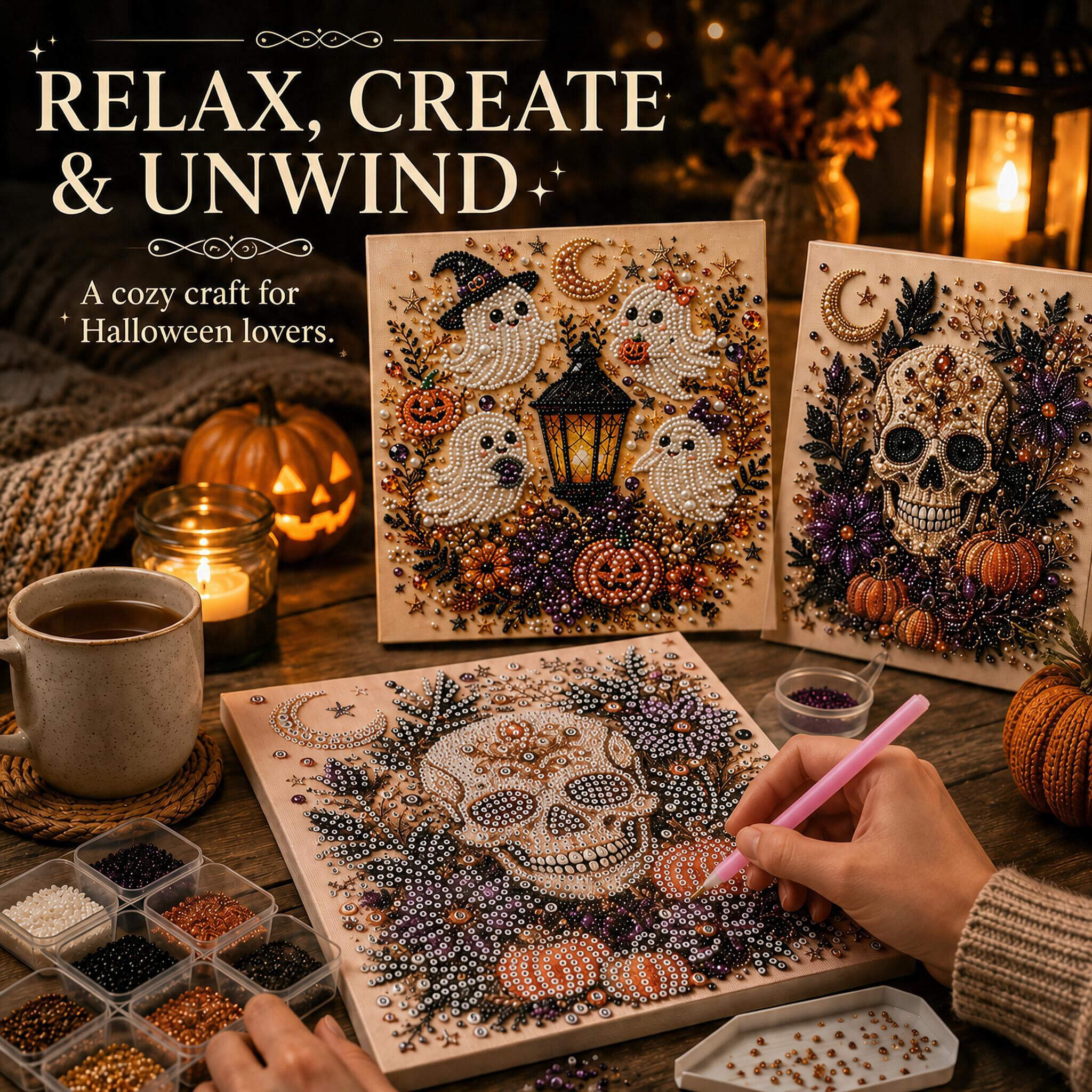 Boo Crew ghosts and jeweled skull pearl art options for a relaxing DIY activity
