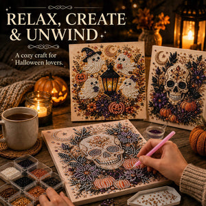 Boo Crew ghosts and jeweled skull pearl art options for a relaxing DIY activity
