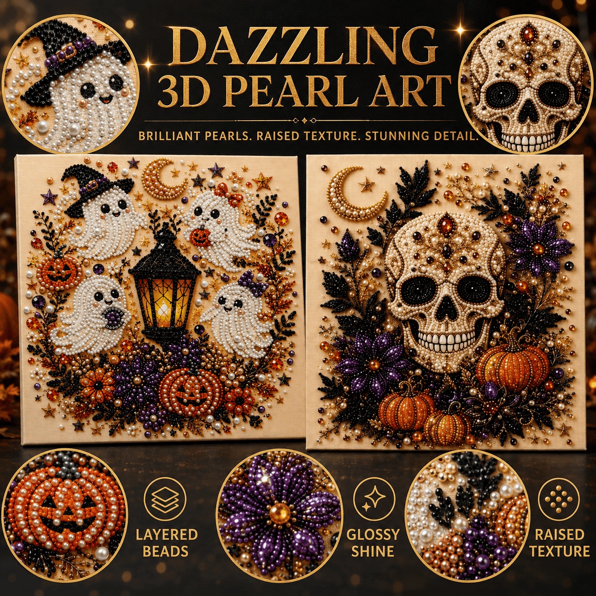 Boo Crew ghosts and jeweled skull Halloween pearl art options with gem details
