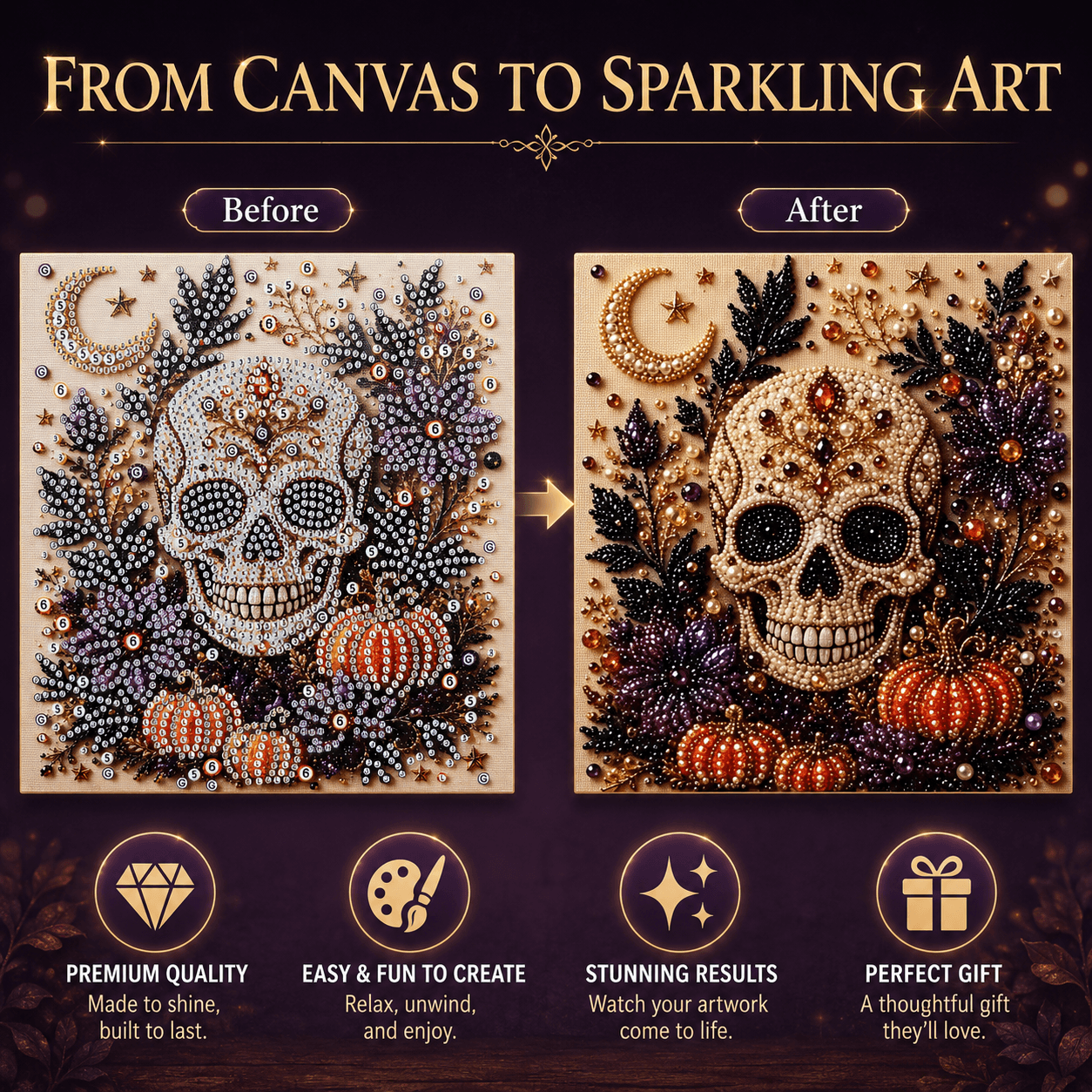 Jeweled skull pearl art design before and after adding pearl and gem details