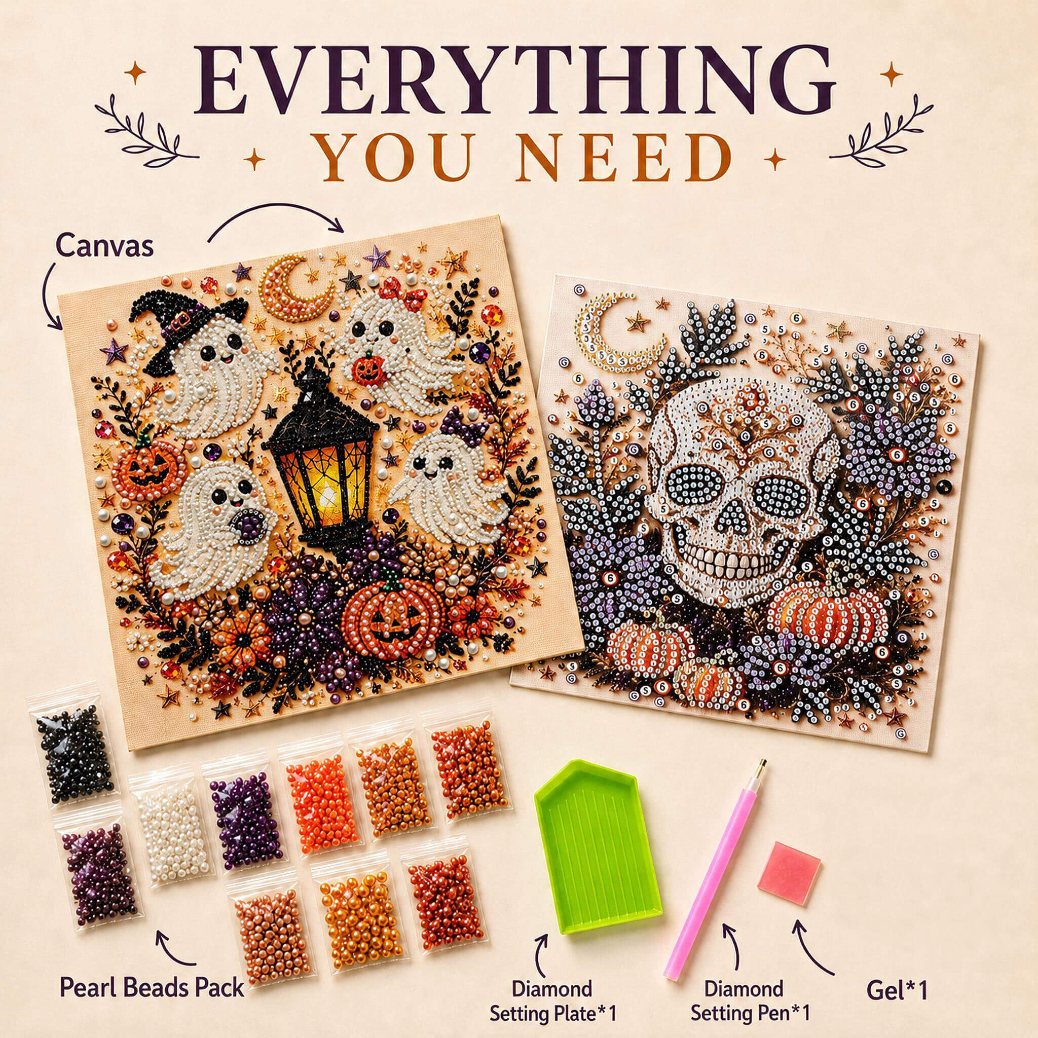 Halloween pearl art options with beads tray applicator and canvas, one design per kit