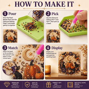 Three-step DIY pearl art application guide using a sample Halloween design