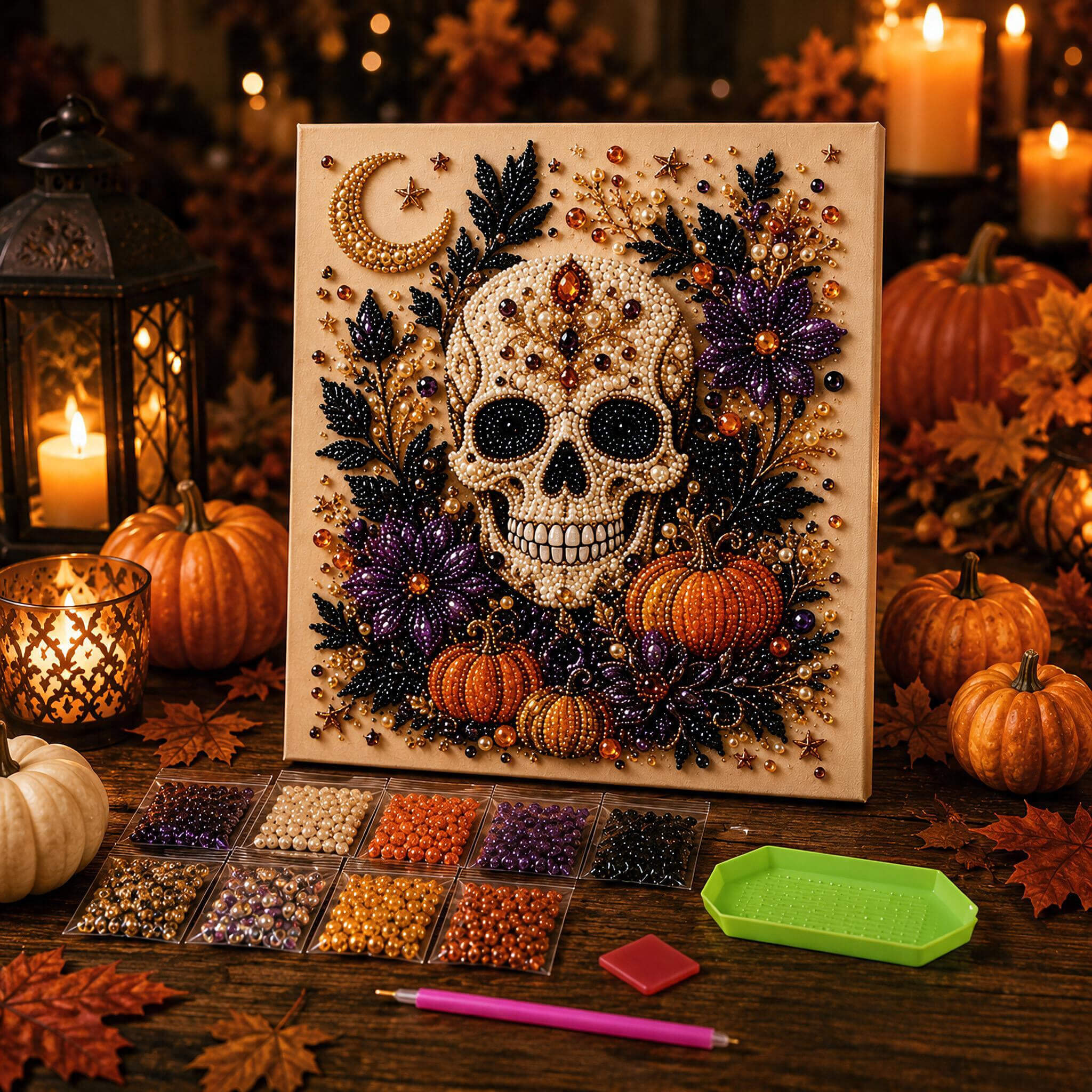 Jeweled skull pearl art with bead packets tray and applicator pen