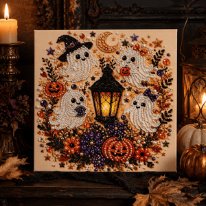 Finished Boo Crew ghost pearl art styled in a dark Halloween display
