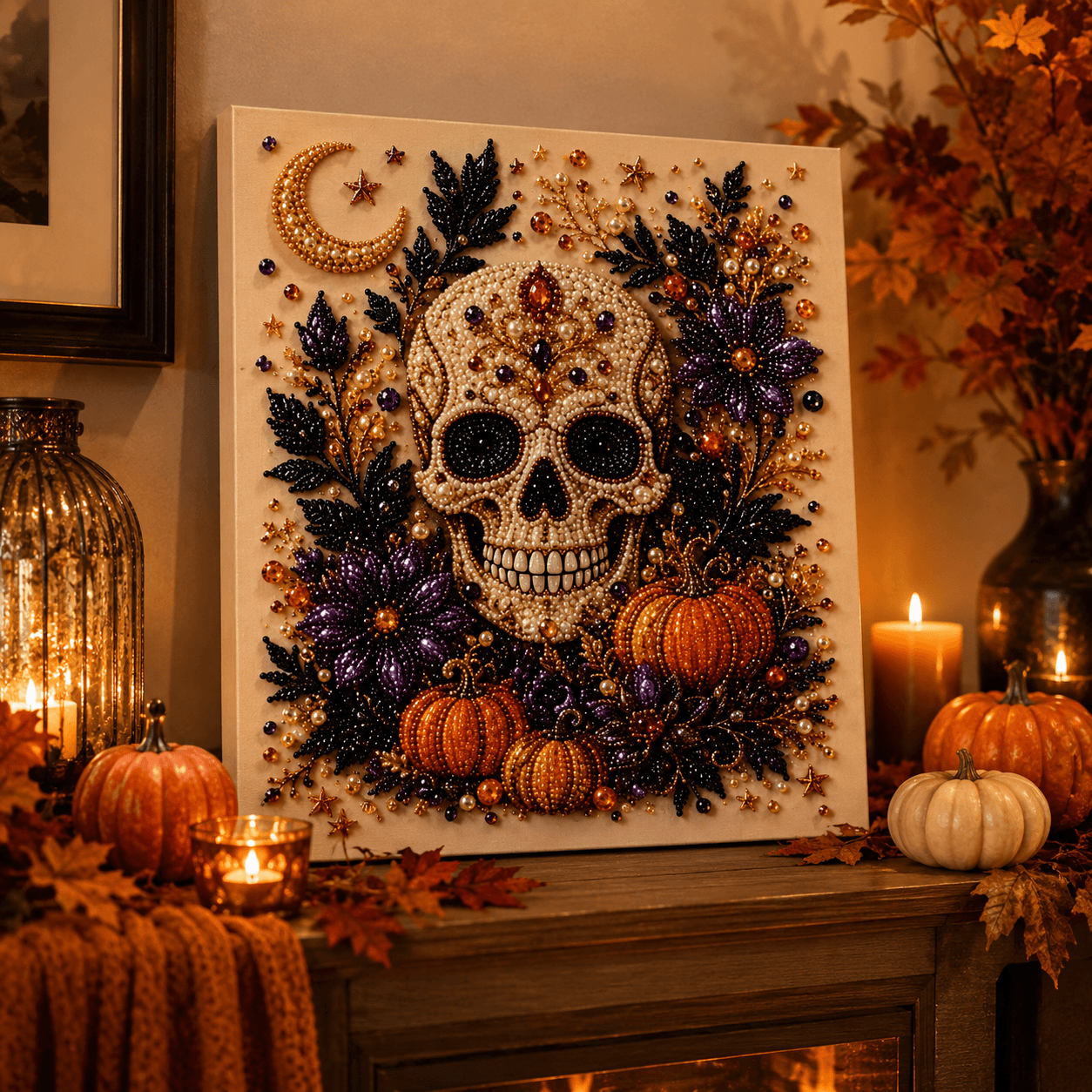 Jeweled skull pearl art styled with pumpkins candles and autumn leaves