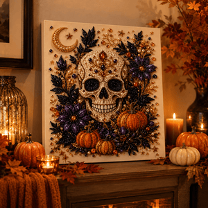 Jeweled skull pearl art styled with pumpkins candles and autumn leaves
