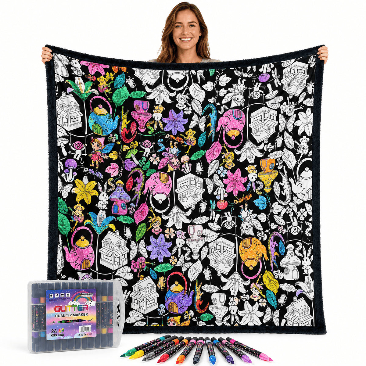 Large DIY Coloring Blanket Kit with 24 Dual-Color Glitter Markers, 48 Colors