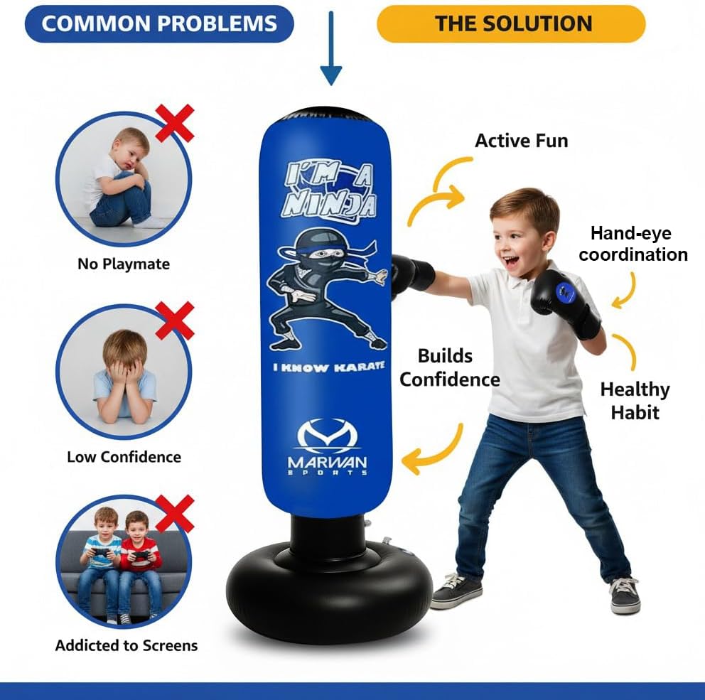 Sports Ninja Kids Punching Bag — Inflatable Sensory Toy & Birthday Gift for Boys & Girls Ages 4-12, 63" Freestanding 5-in-1 Kit, Indoor Apartment-Quiet Sensory-Friendly Active Play