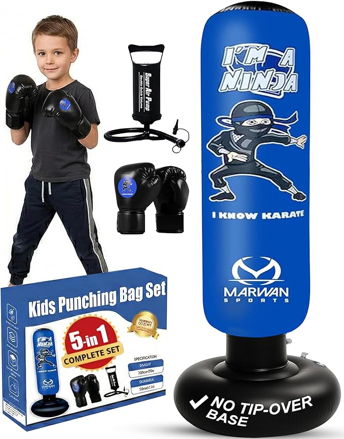 Sports Ninja Kids Punching Bag — Inflatable Sensory Toy & Birthday Gift for Boys & Girls Ages 4-12, 63" Freestanding 5-in-1 Kit, Indoor Apartment-Quiet Sensory-Friendly Active Play