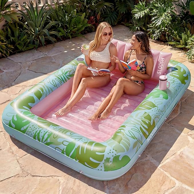 Inflatable Tanning Pool Lounger Float, 85" x 57" Extra Large Pool Floats Adult with Pillow, 4 in 1 Suntan Tub Raft Floatie,Sunbathing Bed Lounge for Water Blow Up Ball Pit, XL-Cyan Pink