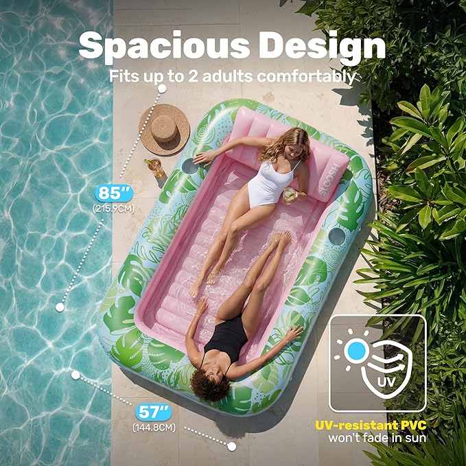 Inflatable Tanning Pool Lounger Float, 85" x 57" Extra Large Pool Floats Adult with Pillow, 4 in 1 Suntan Tub Raft Floatie,Sunbathing Bed Lounge for Water Blow Up Ball Pit, XL-Cyan Pink