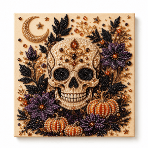 Jeweled Skull color option – skull with pumpkins moon and flowers